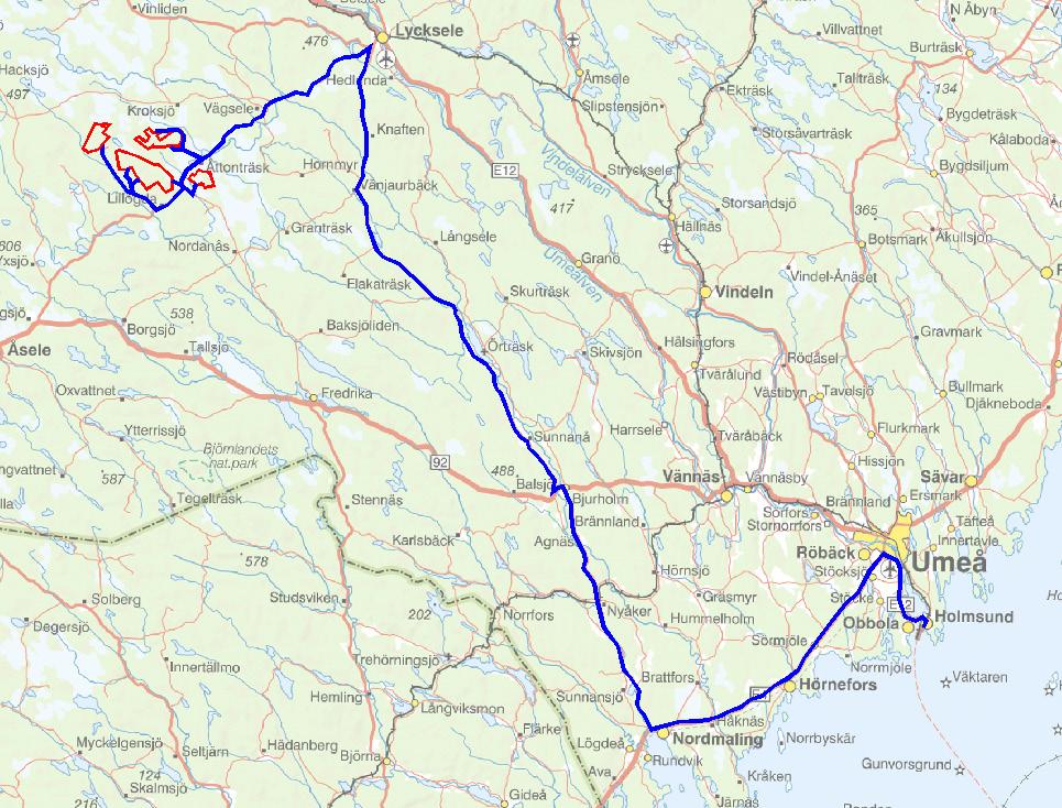 Fjällberg Vindkraftanläggning, Lycksele och Åsele kommuner går transporterna norrut längs väg 353 upp till Lycksele och vidare söderut längs väg 365 fram till projektområdet.