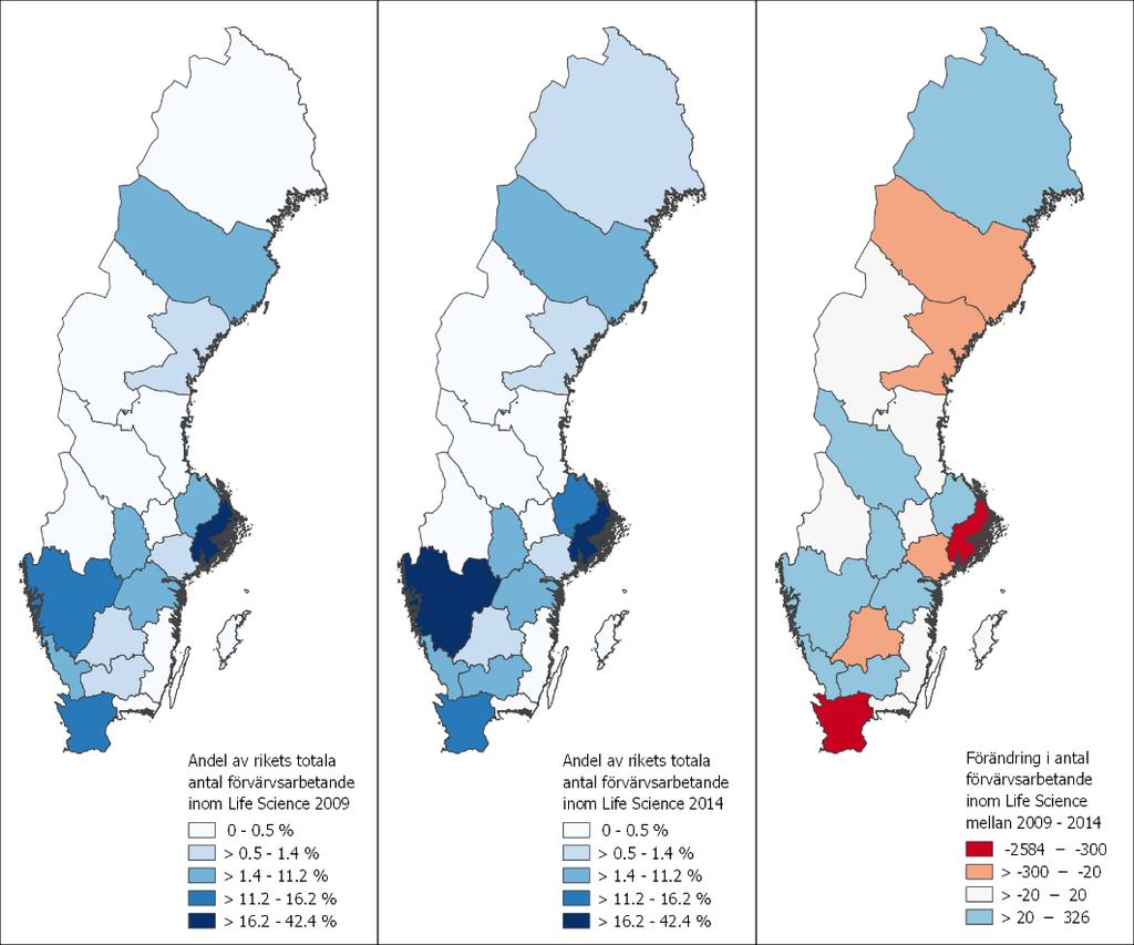 Figur 4: Andelen och förändringen av antalet förvärvsarbetande i life sciencesektorn i Sverige.