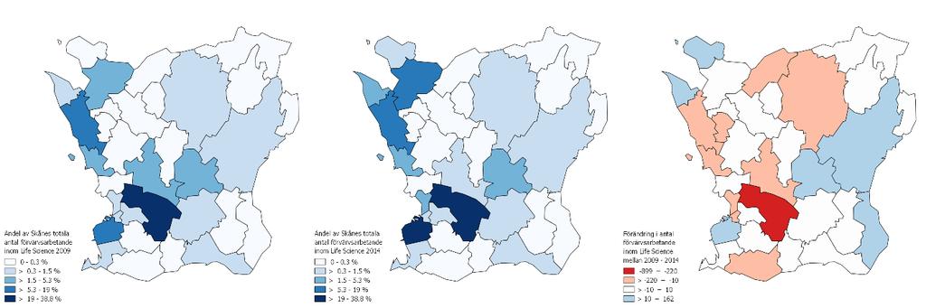 Men vilka blev effekterna för life sciencesektorn i Skåne? Figur 6: Andelen och förändringen av antalet förvärvsarbetande i life sciencesektorn i Skåne.