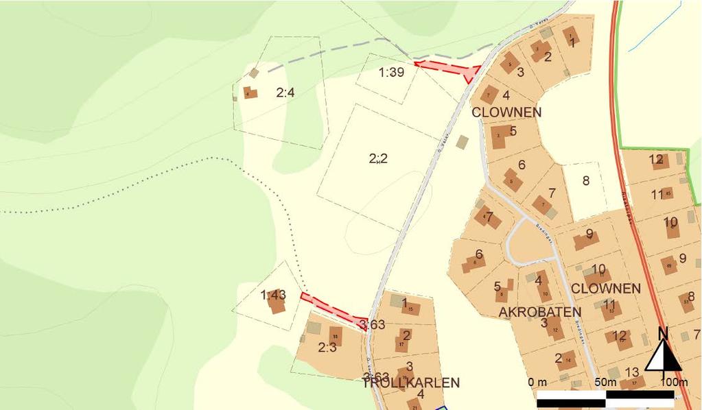Rödmarkerade ytor avser servitut som berör planområdet.