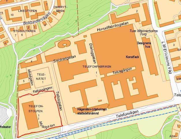 Sida 4 (5) Det rödmarkerade området visar Kv. Telefonstolpen. Kulturmiljö Telefonfabriken är blåklassad enligt Stadsmuseets klassificering från 2007.