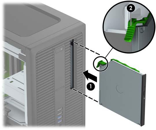 8. Skjut in den optiska enheten så långt det går genom datorns frontpanel och in i facket (1) tills spärren på enhetens baksida låser (2). 9.
