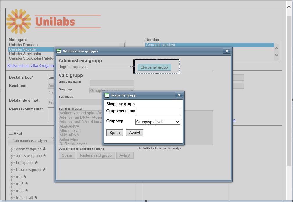 När alla analyser som ska ingå i gruppen är valda så klickar du på Spara. Därefter är gruppen beställningsbar och visas således under fliken Grupper.