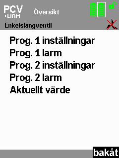 5.8 Översikt Under menypunkten Visa > Översikt kan du studera de aktuella inställningarna och larmen för de förkonfigurerade program som används, samt de aktuella värdena. 1.