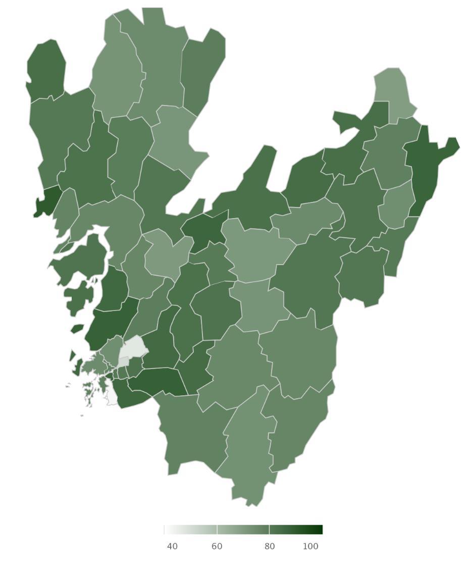 Andel kariesfria 6-åringar 2014+2015 I Göteborgs nämndområde var det följande stadsdelar som ännu inte nått regionens mål om 80 procent kariesfria