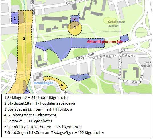 Området avgränsas av Örbyleden i söder och parkmark på övriga sidor (se figur 2.1). Figur 2.1. Aktuellt planområde inklusive omgivning. Området till höger är det som studeras i riskanalysen.