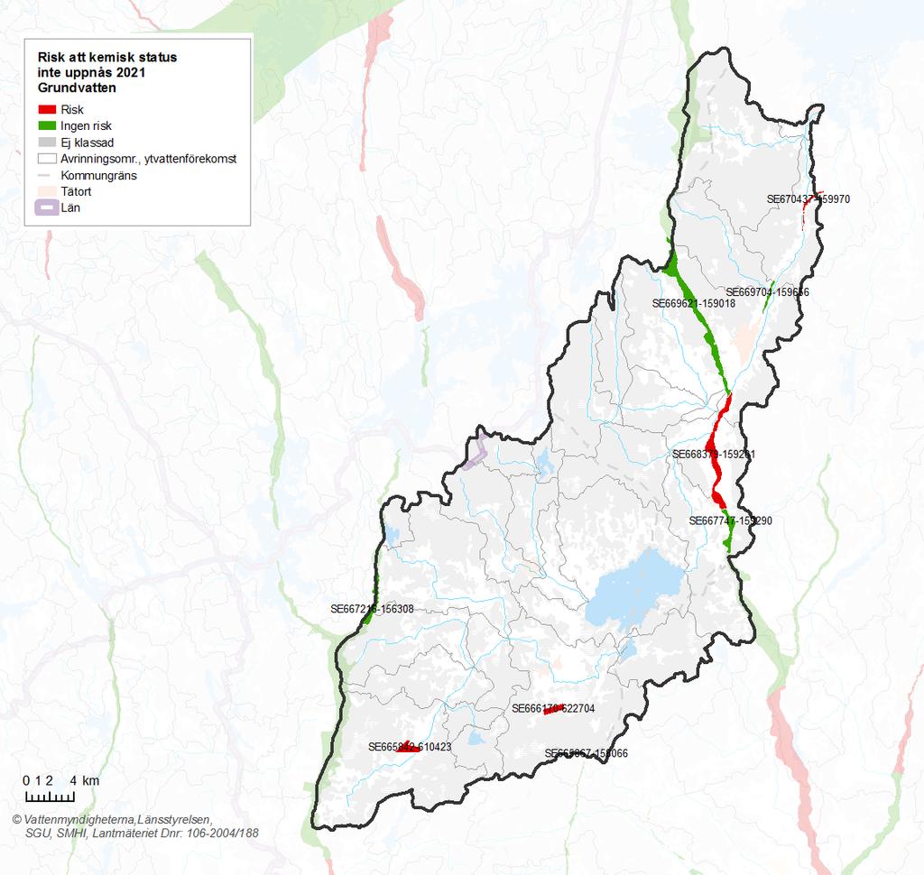 Figur 5. Grundvattenförekomster i risk att inte uppnå god kemisk status 2021.