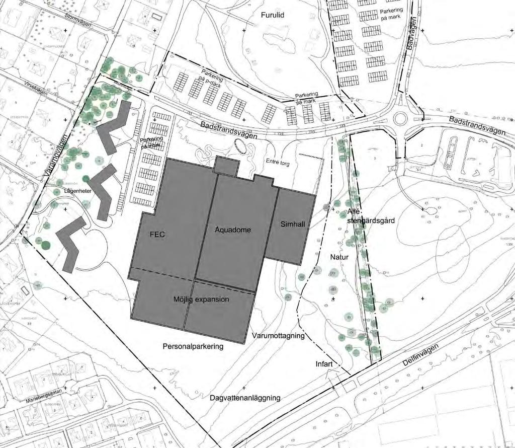 Planområde 1/illustration Vegetation/träd Respektavstånd till grannar i väster minst 25 m Dagvattenhantering