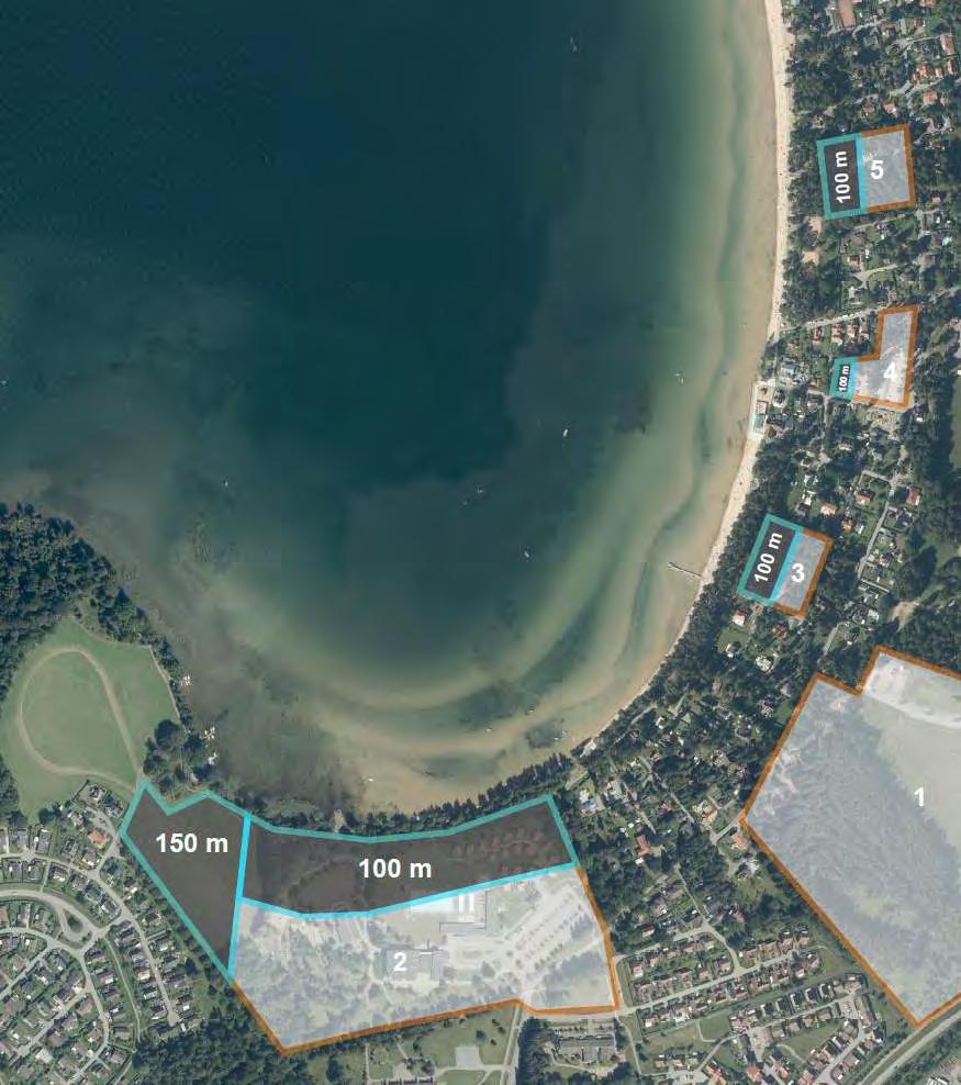 Planområde 2/strandskydd Strandpromenaden kvarstår - fri passage minst 17 m mellan kvartersmark och medelvattennivå (20 m till byggrätt) Förbättrad