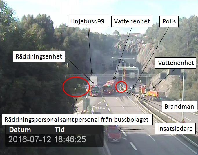 Klockan 18:44 valde Insatschefen (IC) med stabsenheten att åka till platsen i syfte att stötta RL, då brand inträffat på en hårt trafikerad led i anslutning till tunnel.