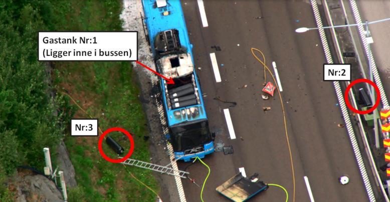 (Källa trafikledningscentralens övervakningskamera.) 9 sekunder senare! Klockan: 18:46:34 exploderade en av gastankarna. Personerna som stod vid bussen hukade sig. De kände av tryckvågen från smällen.