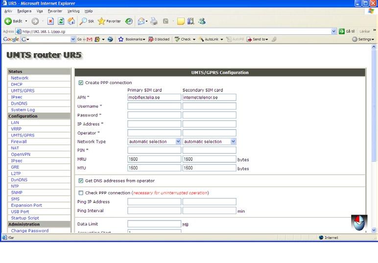 Kom igång med UR5 router 1 Börja under punkten configuration med att skriva in det APN operatören har, bocka sedan i create ppp connection.