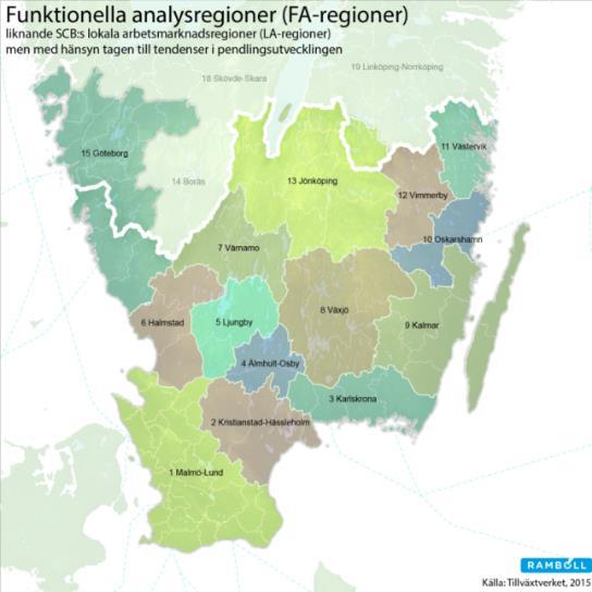 Sidan 9 (15) Tabell 2. Fyra bilder av södra Sverige. De tre Smålandslänen är idag fördelade på tio arbetsmarknadsregioner.