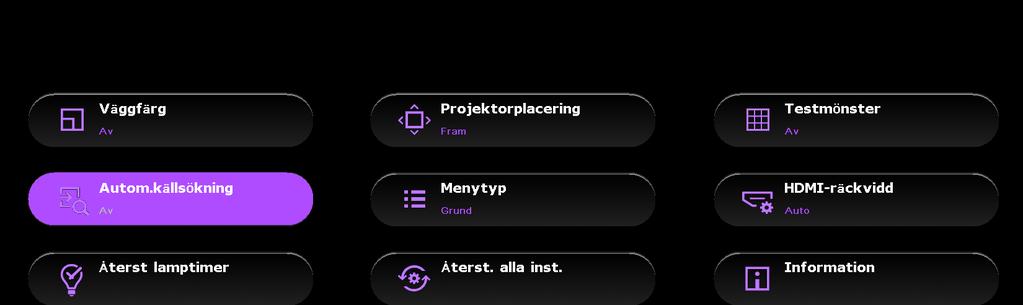 Använda menyerna Projektorn är utrustad med skärmmenyer (OSD) för olika inställningar och justeringar. Det finns två menytyper att välja mellan.