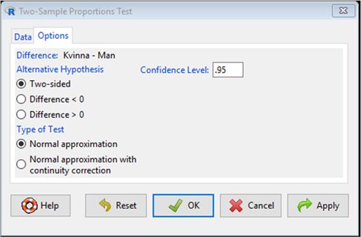 Gör så här Välj Proportions / Two samples proportion test i Statistics menyn. Under Groups (pick one) anger du vilken variabel du vill använda för gruppindelningen.