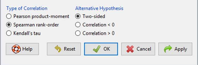 Beräkning av en korrelationskoefficient. Gör så här Välj Summaries / Correlation test i Statistics menyn. Välj de båda variabler som du ska beräkna korrelationen mellan.