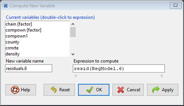 Residualanalys Först måste vi skapa en kolumn med residualerna. Välj Manage variabels in active data set / Compute new variable i Data menyn I New variable name skriver du ett namn för residualerna.