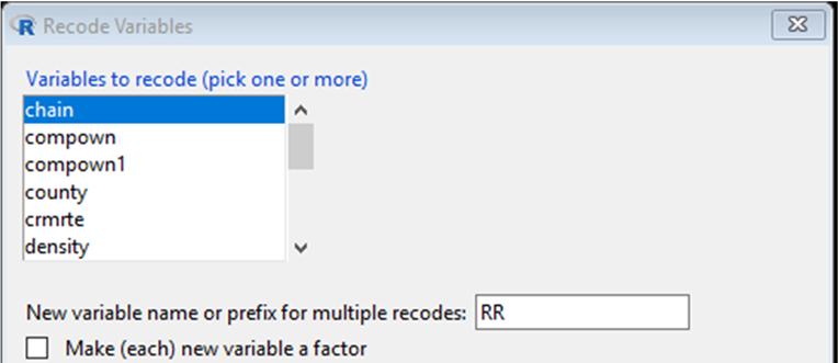 Att skapa nya variabler i RCommander Koda en ny variabel utifrån värdena på en gammal variabel Den här funktionen är användbar exempelvis om man ska skapa dummyvariabler utifrån utfallen på en