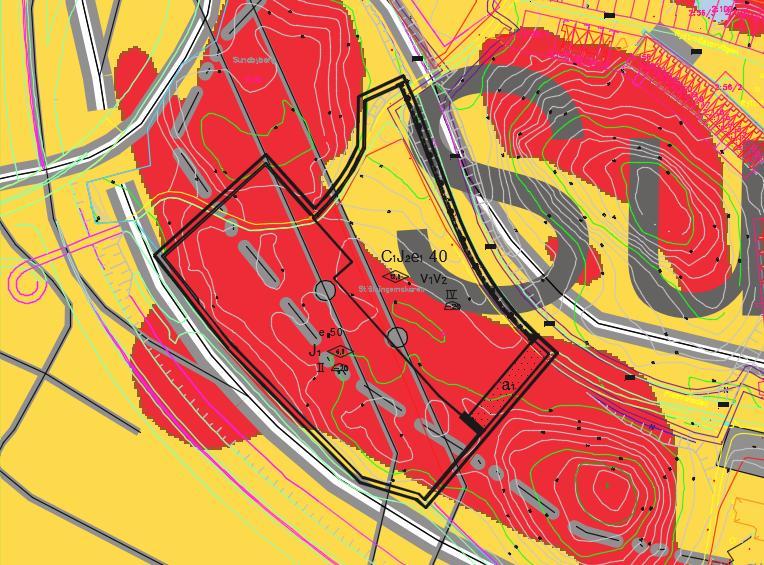 Figur 1 Jordartskarta (SGU) med aktuellt område. Rött= berg, gult=lera. 5 Bergteknisk bedömning 5.1 Järvatunneln Järvatunneln korsar aktuell fastighet och ligger på nivå ca -20 (RH2000).