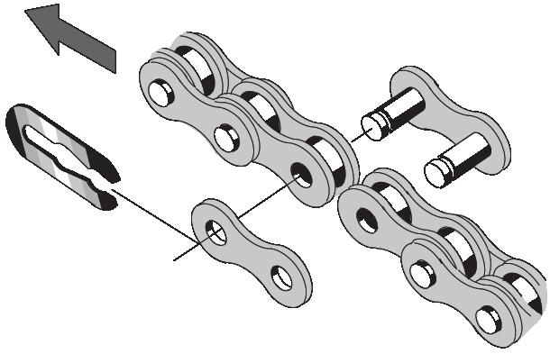 Kedja 1/2 x 1/8 Kontrollera med jämna mellanrum att kedjan är rätt spänd och lagom smord. På mitten av sin fria längd bör kedjan ha ett spel(1) på ca 10 mm. Se fig: Kedjejustering.