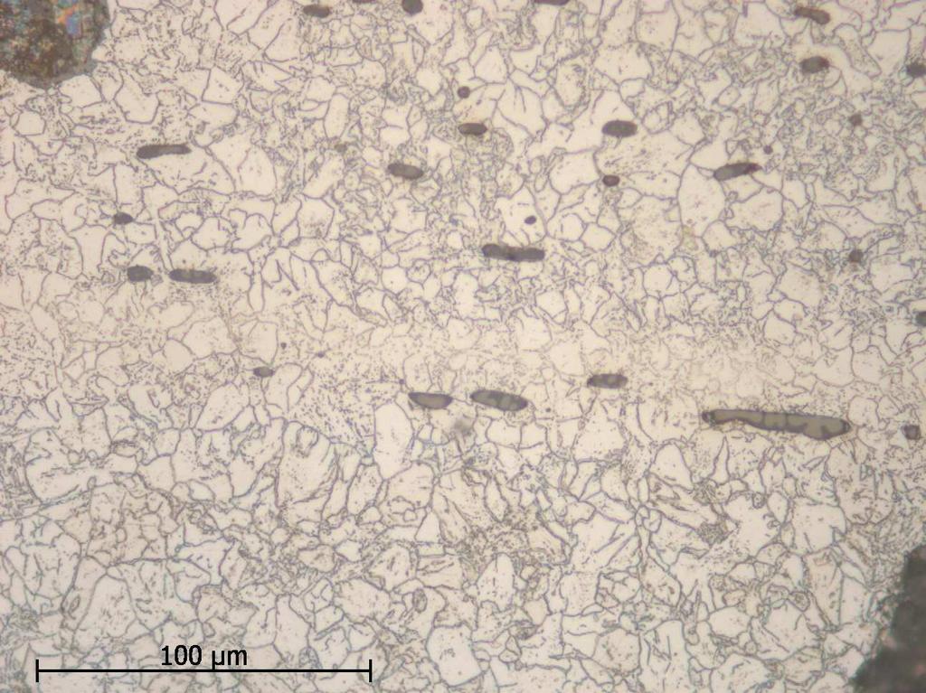 Större oregelbundna grå fläckar är rost. Foto: Lena Grandin. Figur 33. Lien SHM 23127. Foto från mikroskopet på polerat och etsat prov.