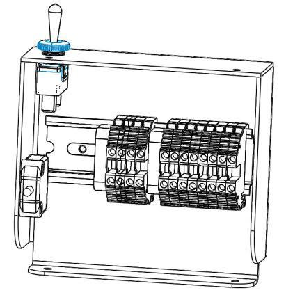 Längst upp på spolröret finns en induktiv givare som känner av när givaren är i hemläge. fig 11 Kopplingsplint Inne i lådan finns en kopplingsplint i vänstra hörnet bakom en täckplåt.