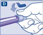 Tryck in injektionsnålen rakt i pennan. Skruva tills den sitter fast. Dra av det yttre nålskyddet och behåll det tills senare.