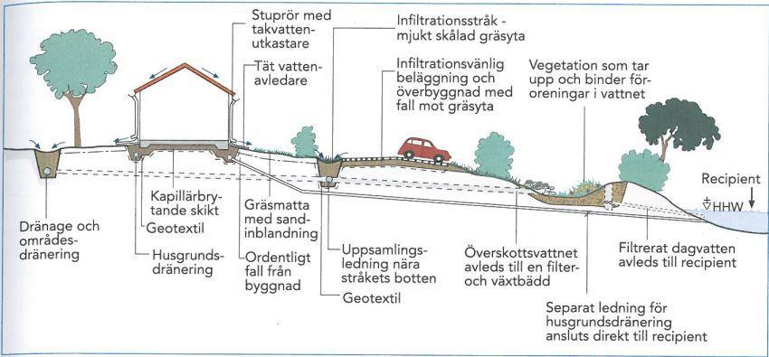 Figur 3. Princip för lokalt omhändertagande av dagvatten, LOD (Bildkälla: Svenskt vatten P10