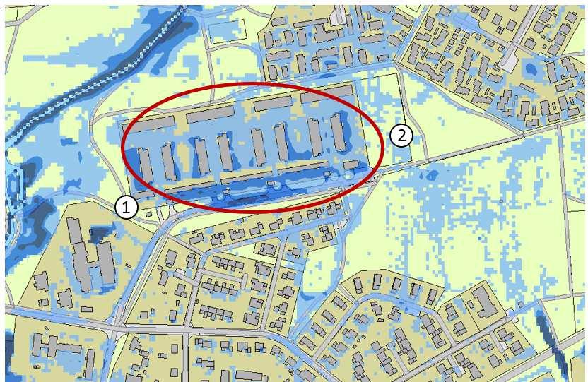 Vatten kan även hanteras i Klockareparken (2) och Norrevångsparken (3) för att minska belastning nedströms.