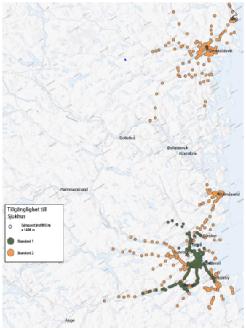 Restid med bil och kollektivtrafik från olika områden i Västra Götalandsregionen