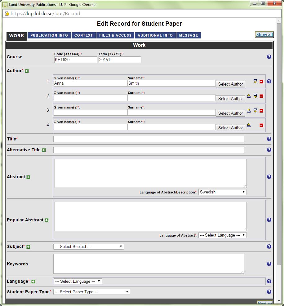 Teaching Area Show All Papers. In Progress Records Välj Edit, för att kontrollera ex-jobbet och skicka vidare till granskaren När studenten registrerar sitt arbete är kurskoden redan ifylld.