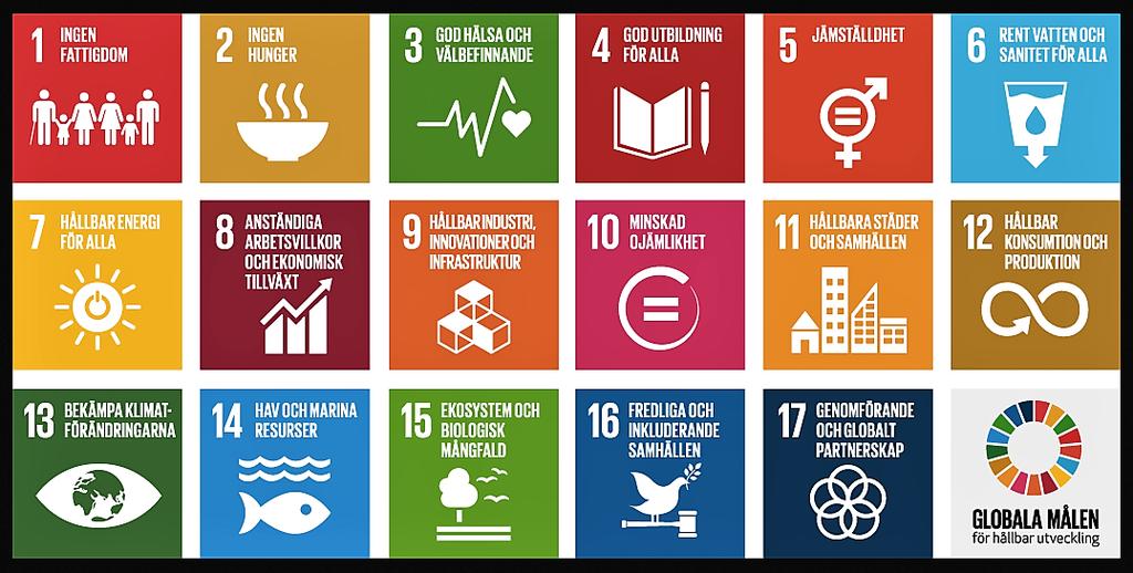 De Globala målen (Agenda, 2030) har idag blivit ett sätt att representera hur vi kan arbeta med hållbarhetsfrågor, såväl från ett lokalt som ett globalt perspektiv.