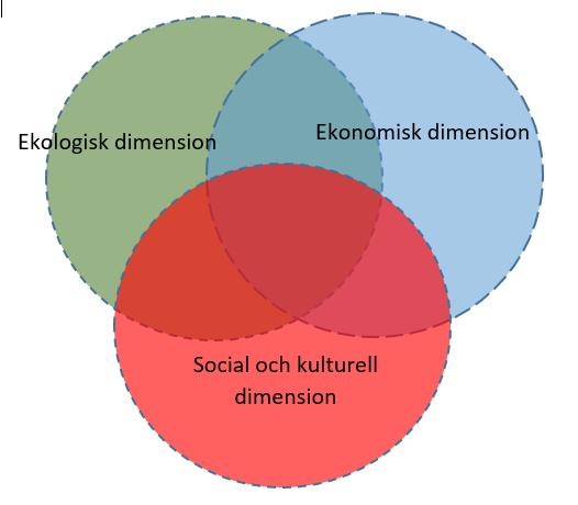 Figur 4: Dimensioner av hållbar utveckling Om figur 4 representerar en vision av hållbar utveckling kan figuren tolkas som att de tre dimensionerna gemensamt representerar målet för att en verksamhet