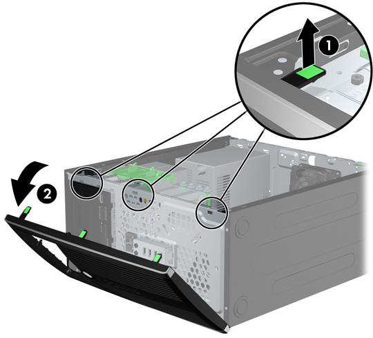 Ta bort frontpanelen 1. Ta bort eller skruva loss säkerhetsenheter som hindrar datorn från att öppnas. 2. Ta bort alla flyttbara medier, t.ex. CD-skivor och USB-minnen, från datorn. 3.