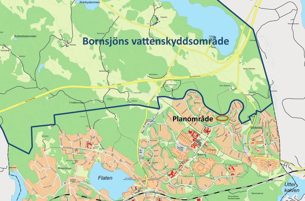 Gränsen till Bornsjöns vattenskyddsområde Miljökvalitetsnormer Planområdet ligger i anslutning till både Uttran och Bornsjöns avrinningsområde och har sin avrinning mot Uttran.