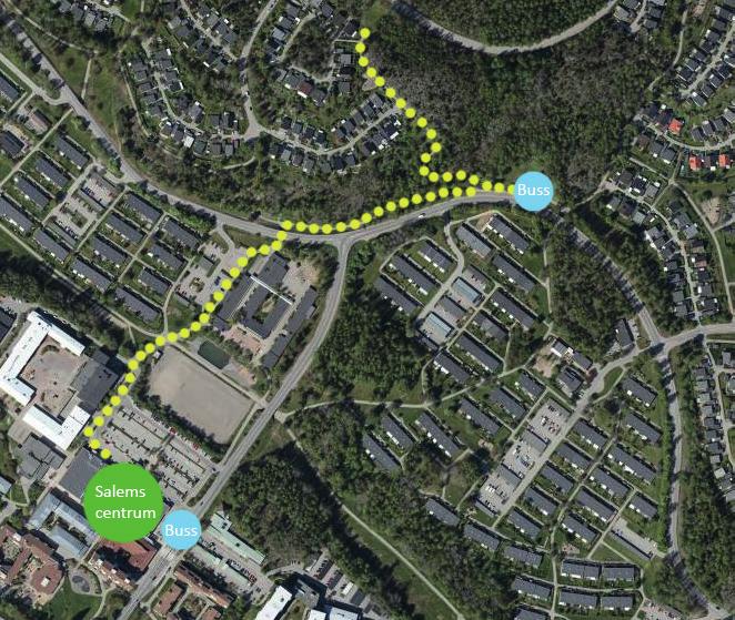 Illustration över befintligt gång- och cykelstråk Gata och trafik Kollektivtrafik Närmast till kollektivtrafik är busshållplatsen på Skyttorpsvägen, busshållplats Snickarstigen.