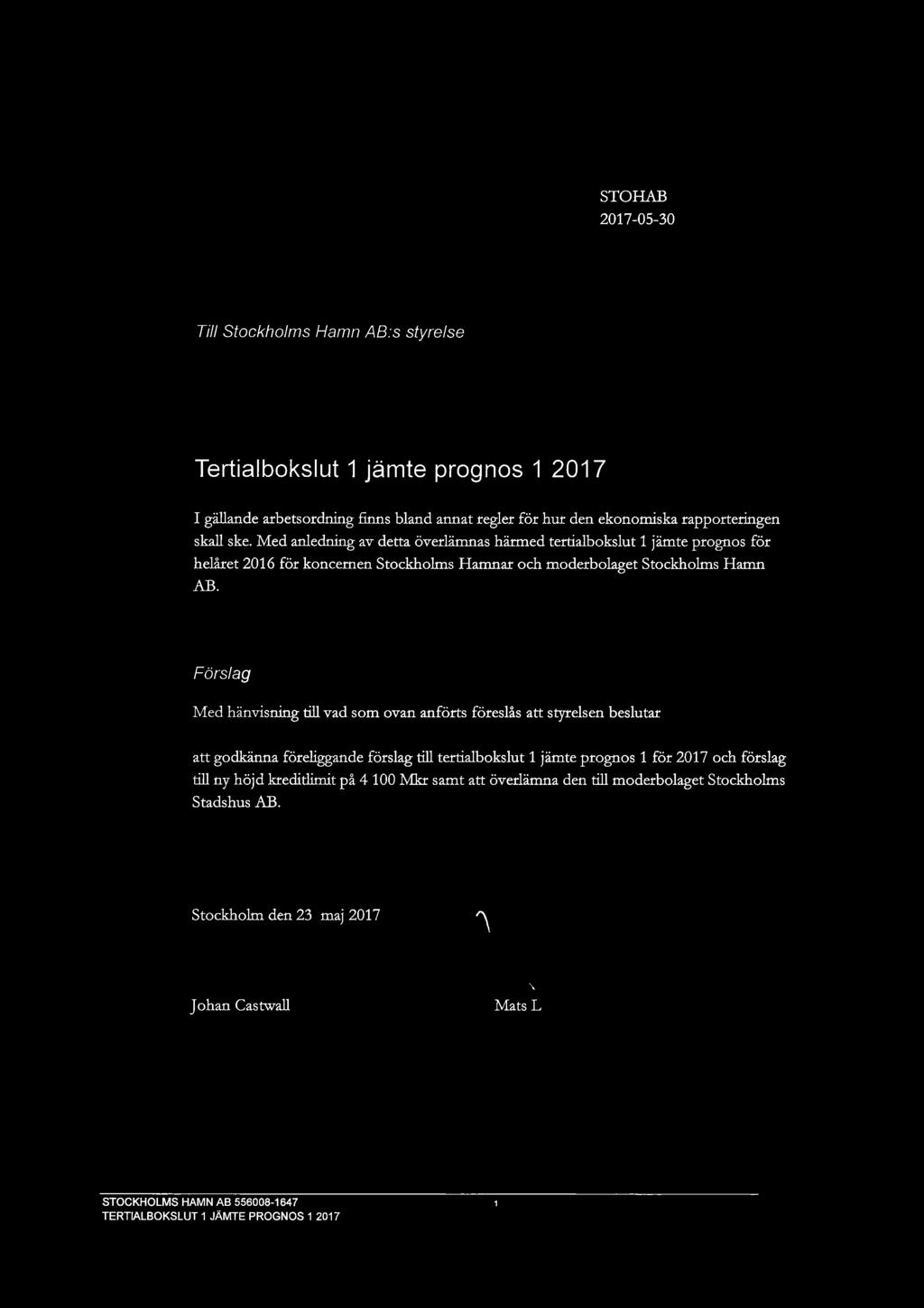 Med anledning av detta överlämnas härmed tertialbokslut 1 jämte prognos för helåret 2016 för koncernen Stockholms Hamnar och moderbolaget Stockholms Hamn AB.