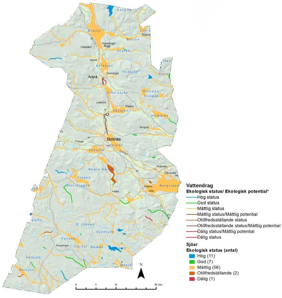 ÖVERSIKT BOLLNÄS KOMMUN 9 NATURGIVNA FÖRUTSÄTTNINGAR Miljökvalitetsnormer vatten Sjöar och vattendrag Ekologisk status bedöms utifrån hur växt- och djurliv, vattnets vägar och flöden, struktur på