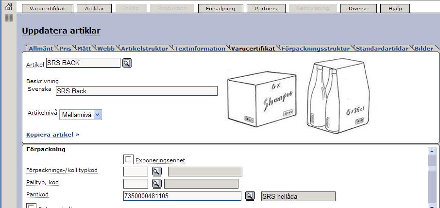 Senast uppdaterat: 10-06-14 Exder Coop ESAP 20.1 v1.5 Sida 14 av 33 Pantkoden är satt till 7350000481105 SRS hellåda.