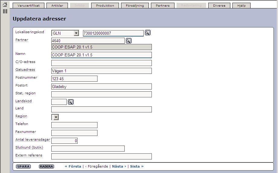 Senast uppdaterat: 10-06-14 Exder Coop ESAP 20.1 v1.5 Sida 19 av 33 Här ser ni ett exempel på hur det ser ut när en adress är upplagd i adressregistret.