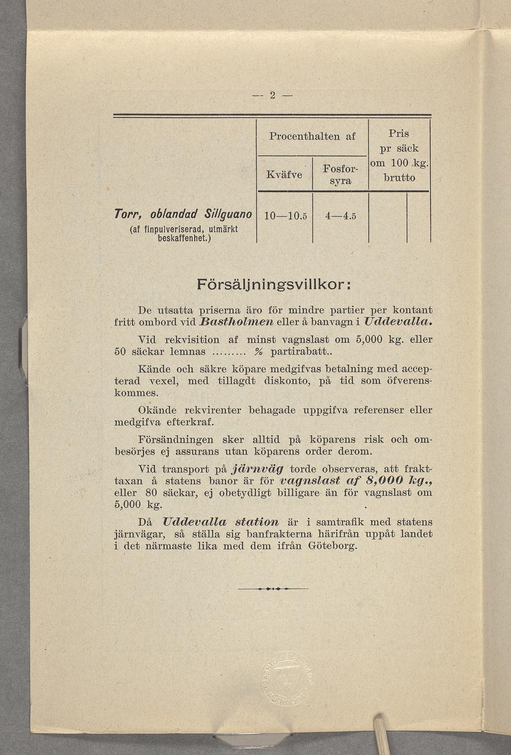 _- 2 Procenthalten af Pris pr säck.. Kvafve Fosfor- Om 100 kg sym brutto Tor-f, ob/andaø Si//guano 10-10,5 4-45 (af finpulverlserad, utmärkt beskaffenhet.
