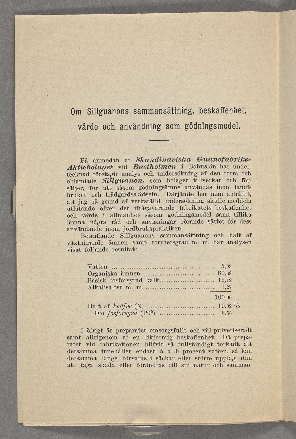 Om Sillguanons sammansättning, beskaffenhet, värde och användning som gödningsmedel.