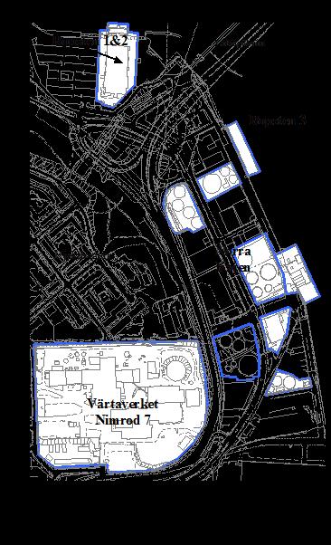 Figur 2 Lokalisering av Värtaverket och anläggningarna i Ropsten Värtaverkets bränslebaserade produktionsenheter är lokaliserade i fastigheten Nimrod 7 i stadsdel Hjorthagen, medan