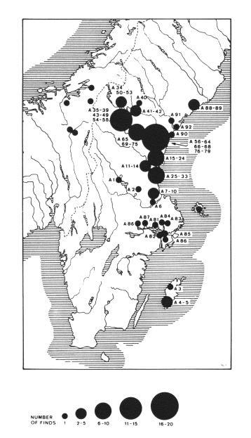 Tab 2. Fynd av spadformade ämnesjärn enligt Hallinder & Haglund (1978:31). Observera att bortsett från Kråknäsfyndet har sammanställningen inte uppdaterats.