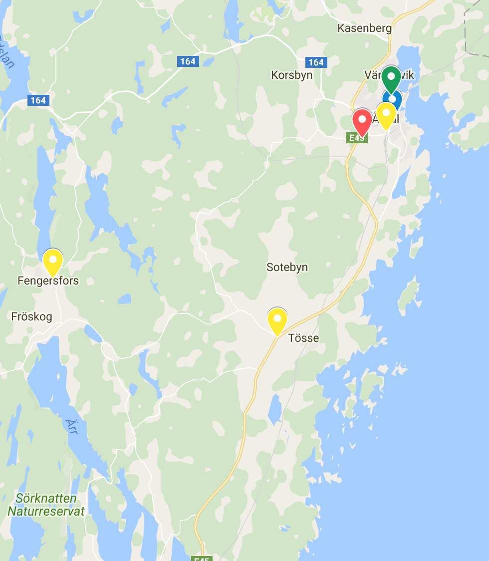 5.3 Lämpliga platser för utplacering av nya automater I steg 3 i denna studie har tre möjliga platser för utplacering av en paketautomat i Åmåls kommun valts för vidare analyser.