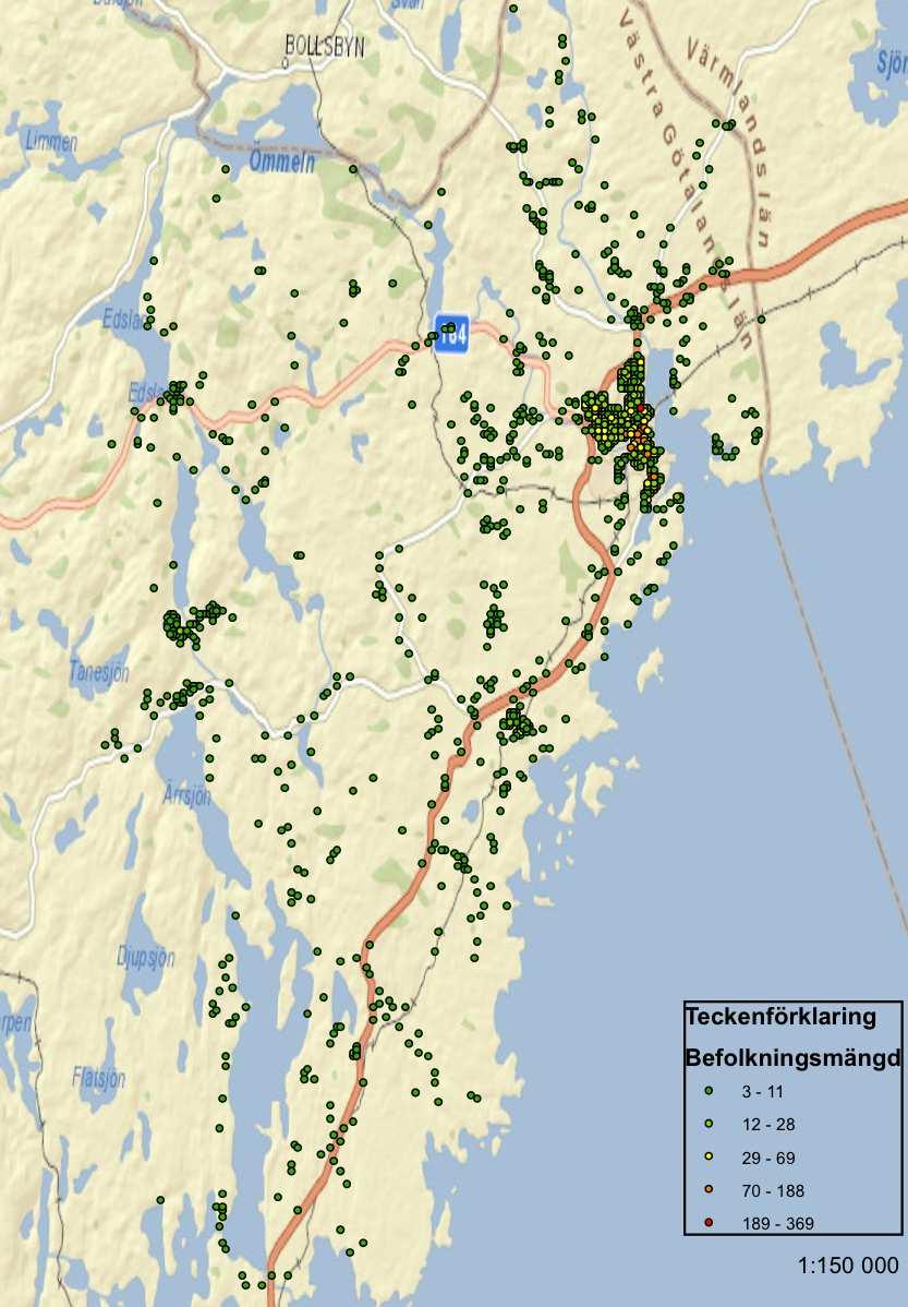 alla åldrar så behövde 47 % tas bort från uträkningarna. Detta togs fram i ArcMap genom en beräkning där mängden människor i varje befolkningspunkt multiplicerades med 0,53.