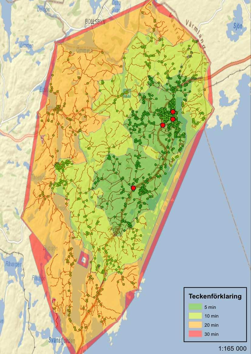 7.2 Placering av en paketautomat i Tösse Figur 21 visar hur täckningen förändrats när ett uthämtningsställe har placerats i Tösse. Figur 21. Täckning - Tösse alternativet.
