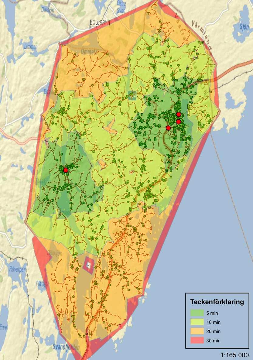 7.3 Placering av en paketautomat i Fengersfors Vid placering av en paketautomat i Fengersfors erhålls följande täckning (se figur 23) Figur 23. Täckning - Fengersfors alternativet.