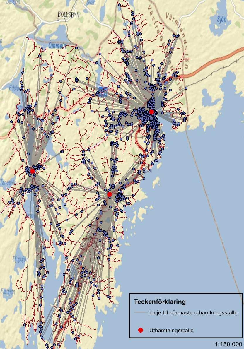 7.5 Bäst placering av en paketautomat med hjälp av lokalisering i ArcMap I figur 27 visas resultatet av en faktisk lokalisering som gjorts på de sex uthämtningsställen som tidigare nämnts (tre