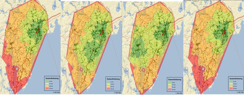 8.2 Jämförelse av resultatet för de olika placeringarna Vid en jämförelse av de olika täckningsanalyserna för nuläget samt de olika alternativen är det tydligt att antalet punkter som hamnar i det
